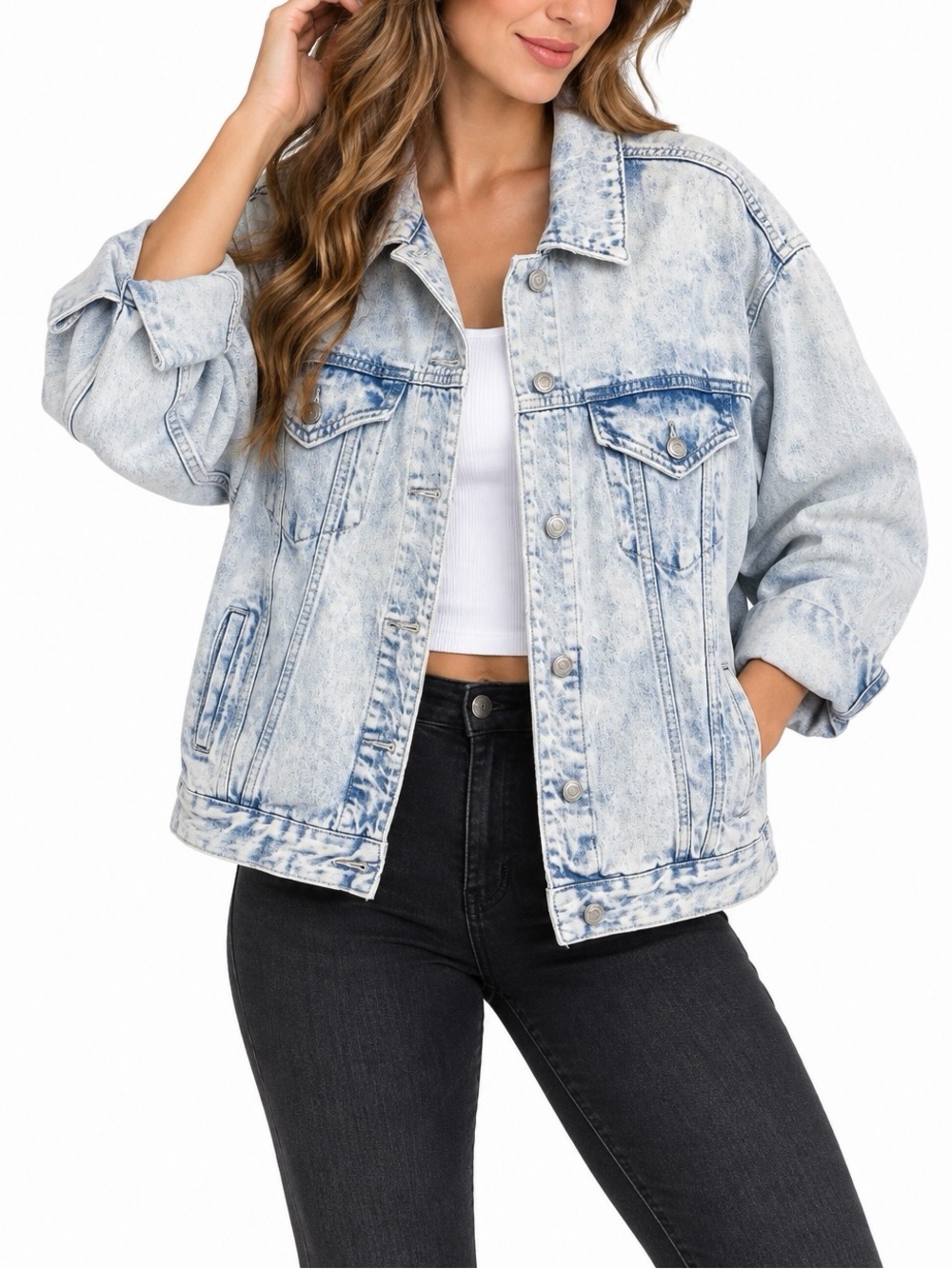 Wild Fable XS Acid Wash Denim Trucker Jacket Light Blue Oversized